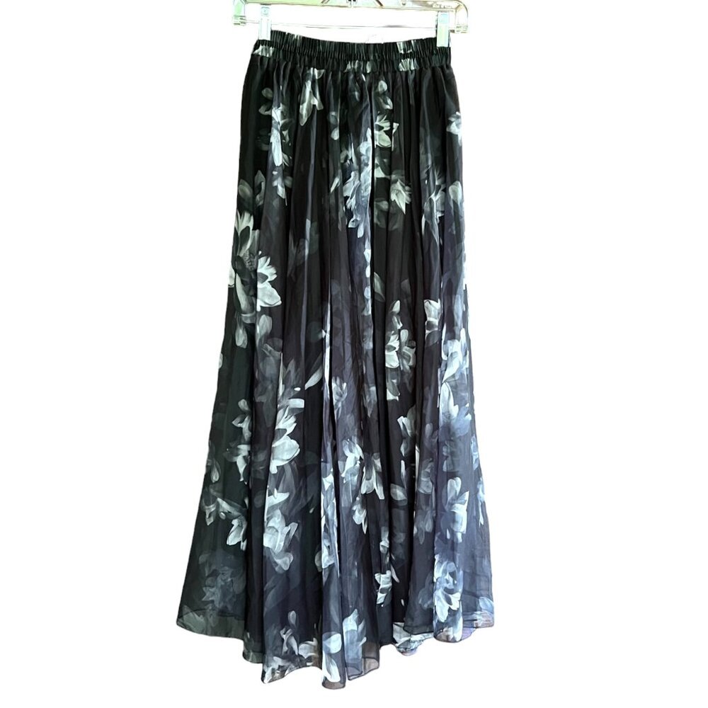 Afibi Women's Full Ankle Length Black/White Floral Lined Chiffon Skirt, Size S